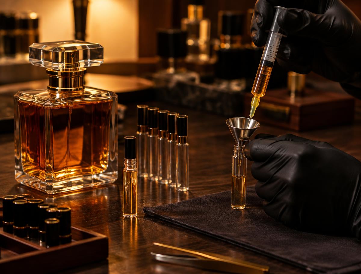 Parfum wird aus einem Originalflakon in kleine Glasflaschen abgefüllt