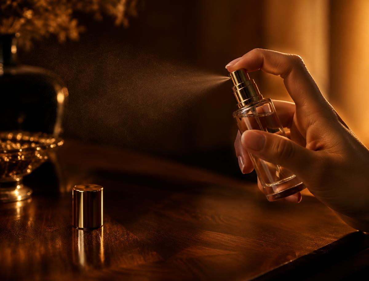 Hand sprüht eine kleine Parfum Abfüllung im warmen Licht