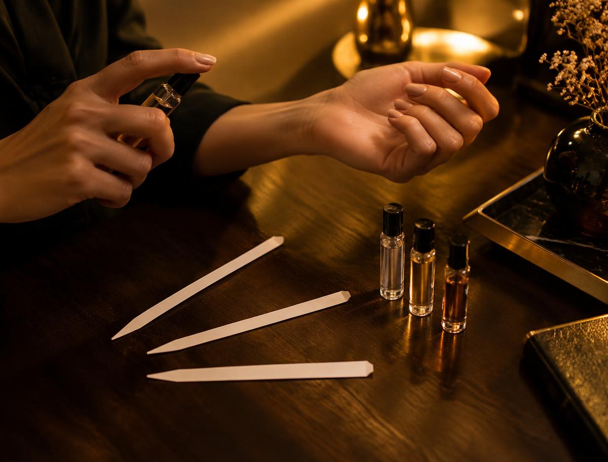 Parfum wird auf das Handgelenk gesprüht, daneben Duftstreifen und Proben